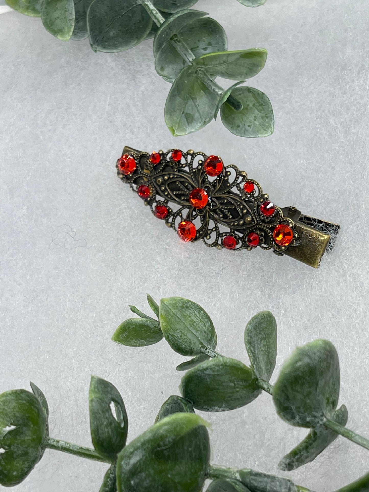 Red crystal vintage antique style leaf hair alligator clip on a 2.5”Handmade hair accessory bridal wedding Retro Bridal Party Prom Birthday gifts