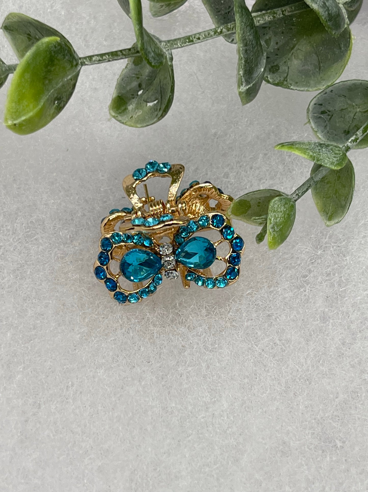 Teal blue crystal rhinestone approximately 1.0” gold tone hair claw wedding bridal shower engagement formal princess accessory accessories