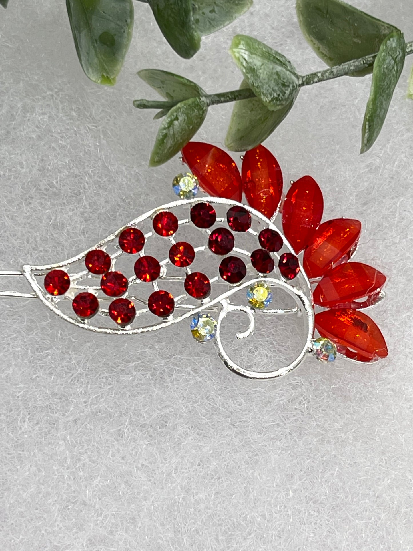 Red Crystal Rhinestone peacock hair clip approximately 3.0”Metal silver tone formal hair accessory gift wedding bridal engagement