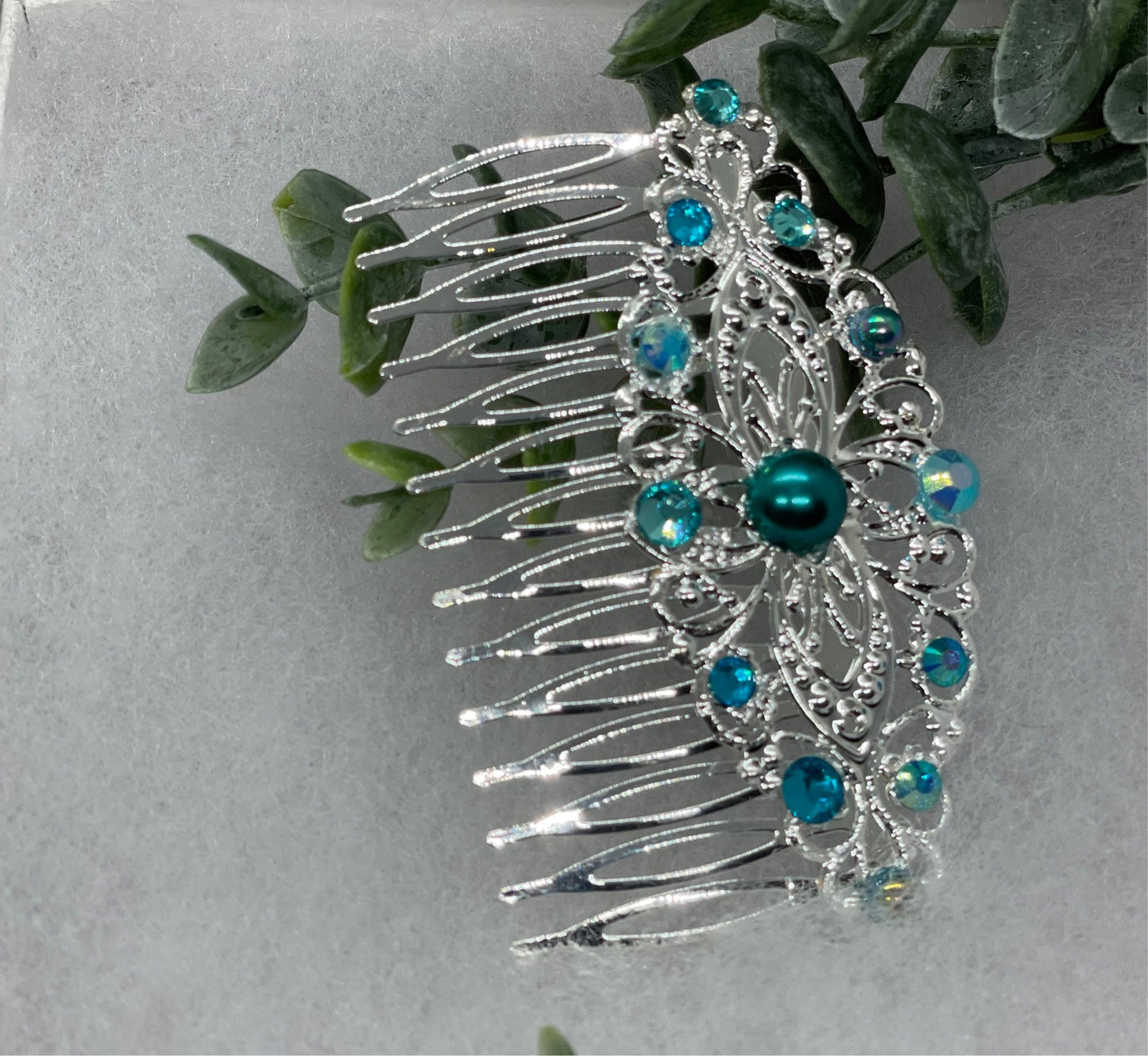 Blue teal crystal rhinestone pearl vintage style side comb hair accessories gift birthday 3.5” Metal side Comb