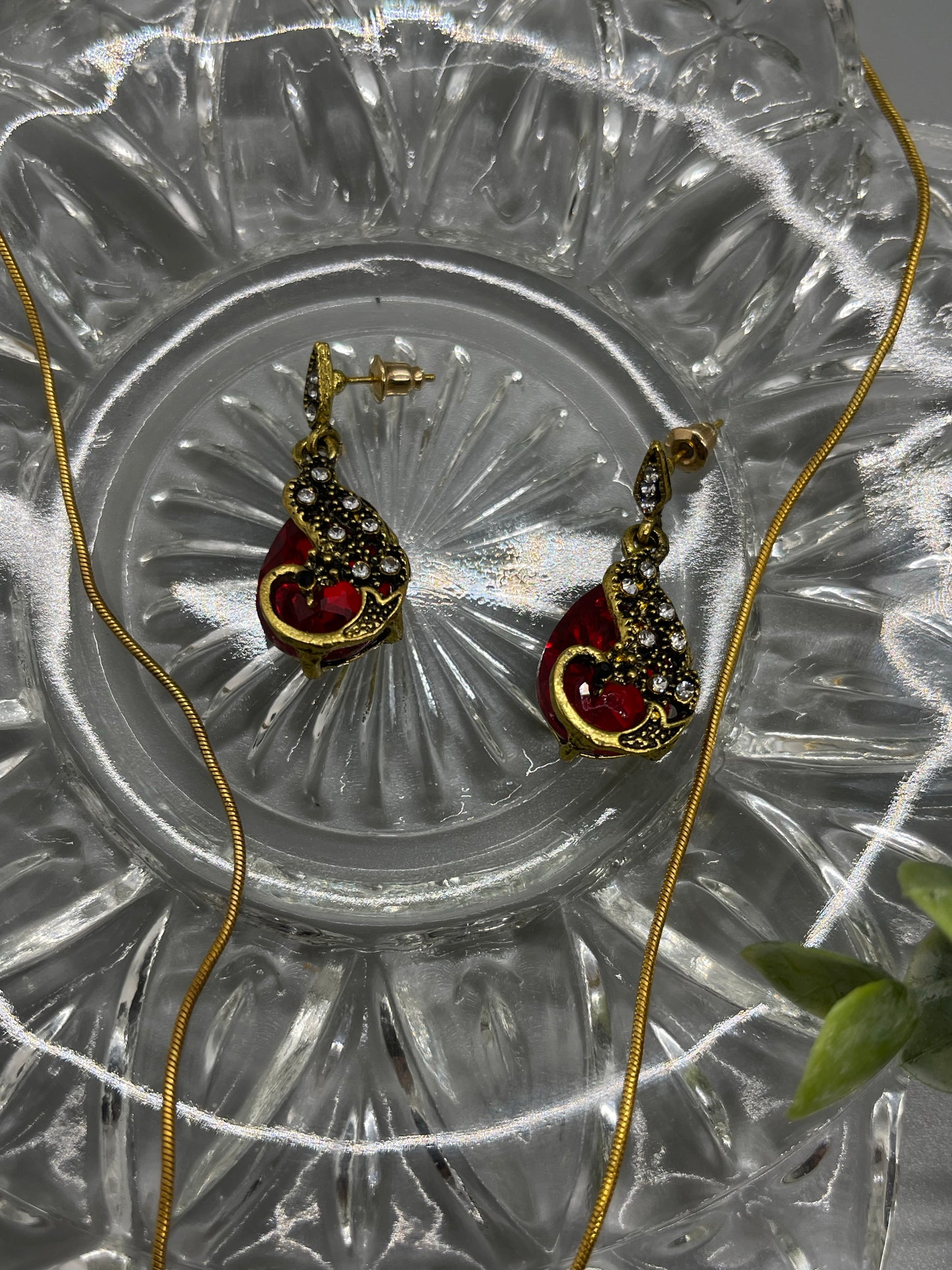Ruby Red peacock crystal rhinestone necklace earrings set