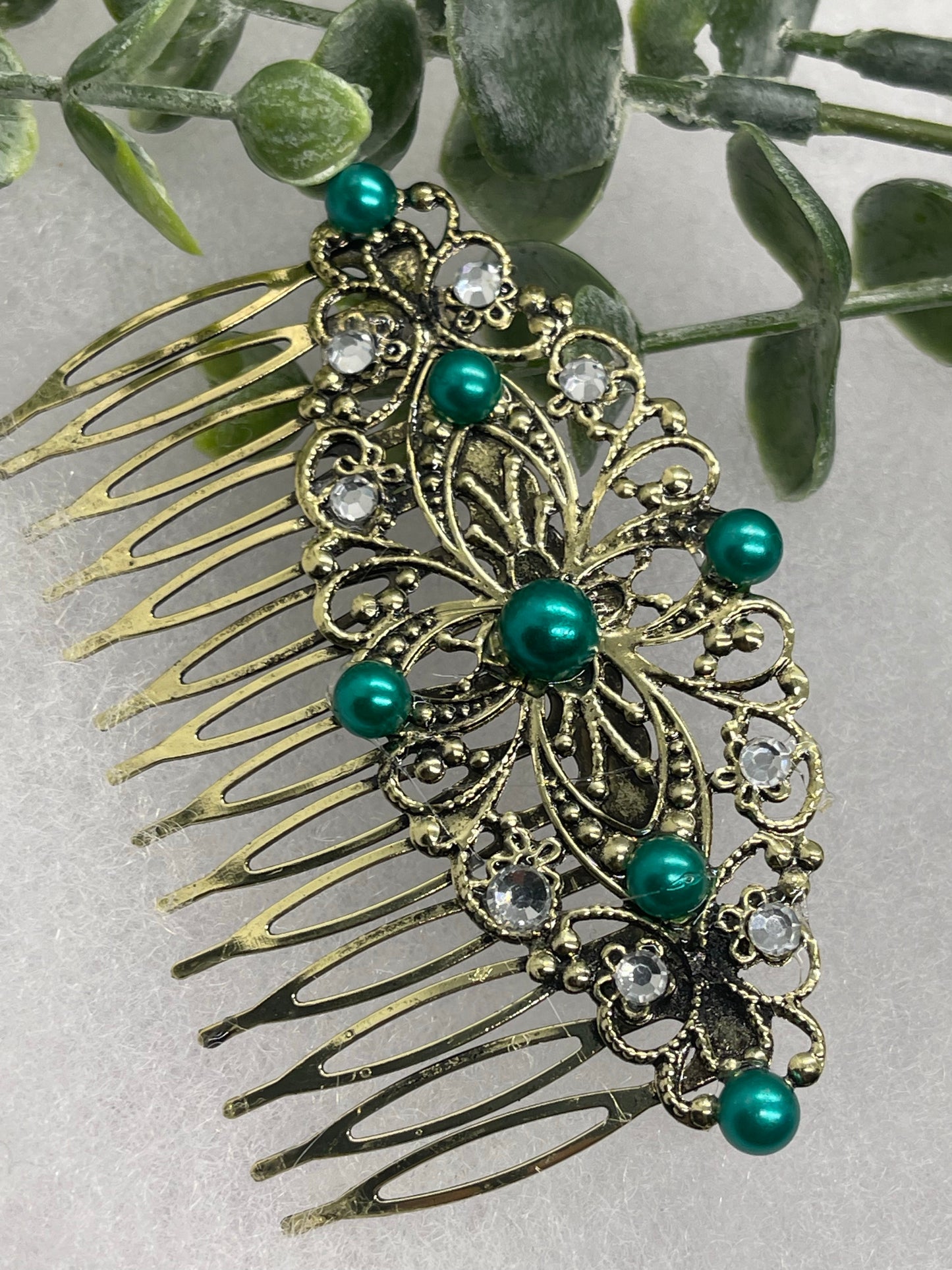 Green emerald crystal Pearl vintage style silver tone side comb hair accessory accessories gift birthday