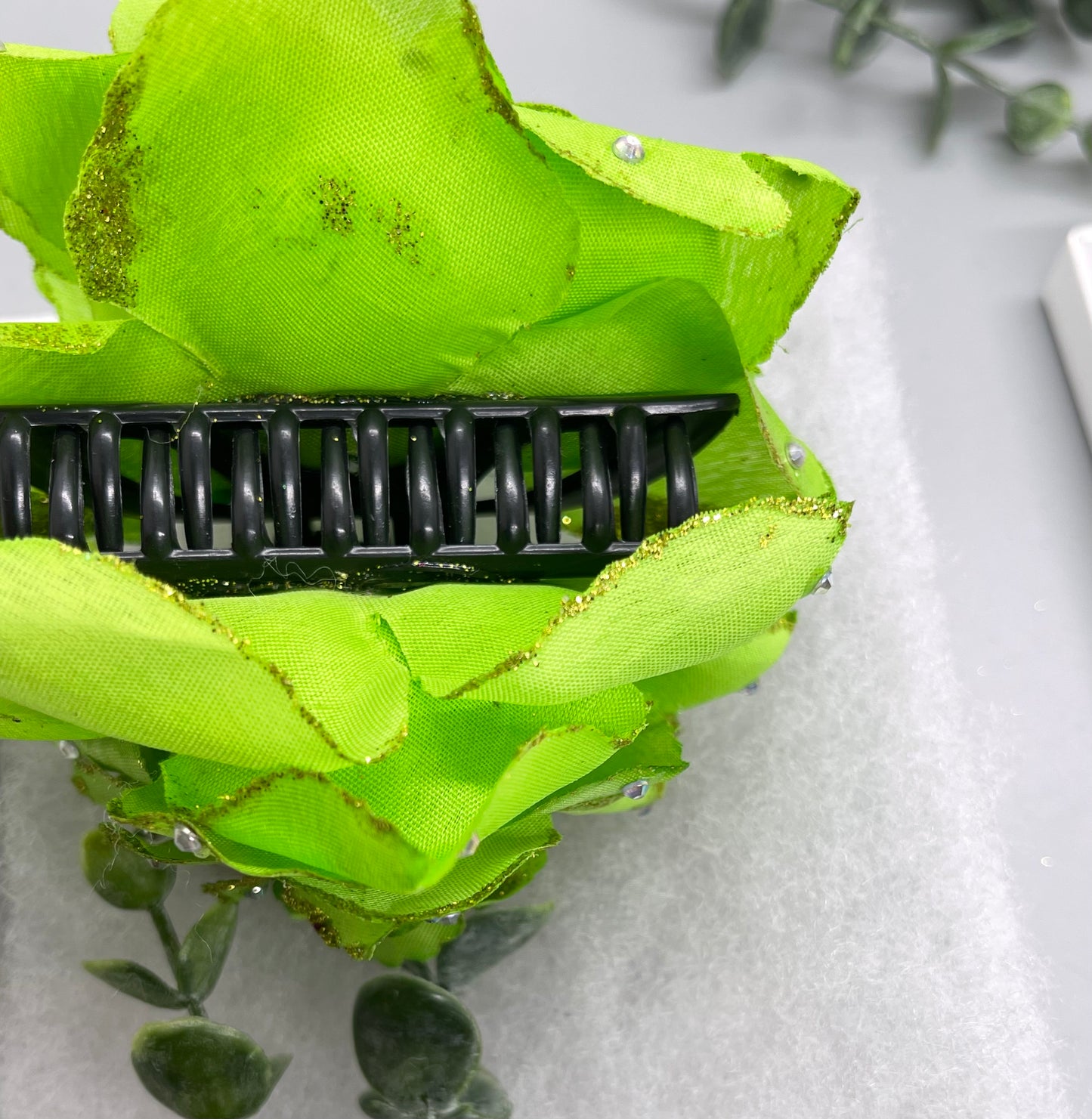 lime Green Rose flower crystal rhinestone embellished Claw Jaw clip approximately Large 5.0”W 4.0”L formal hair accessory wedding bridal engagemen