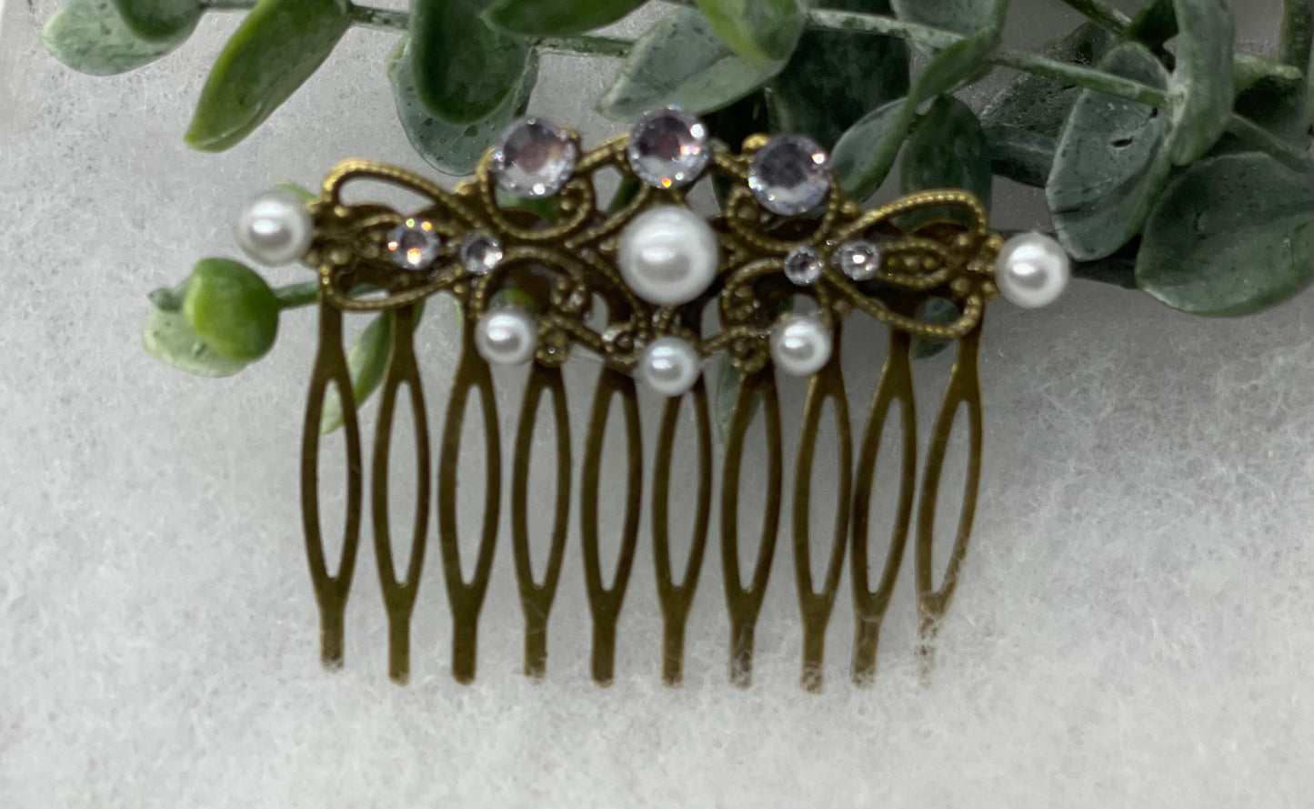 White crystal rhinestone pearl vintage style antique hair accessories gift birthday event formal bridesmaid 2.5” Metal side Comb #251