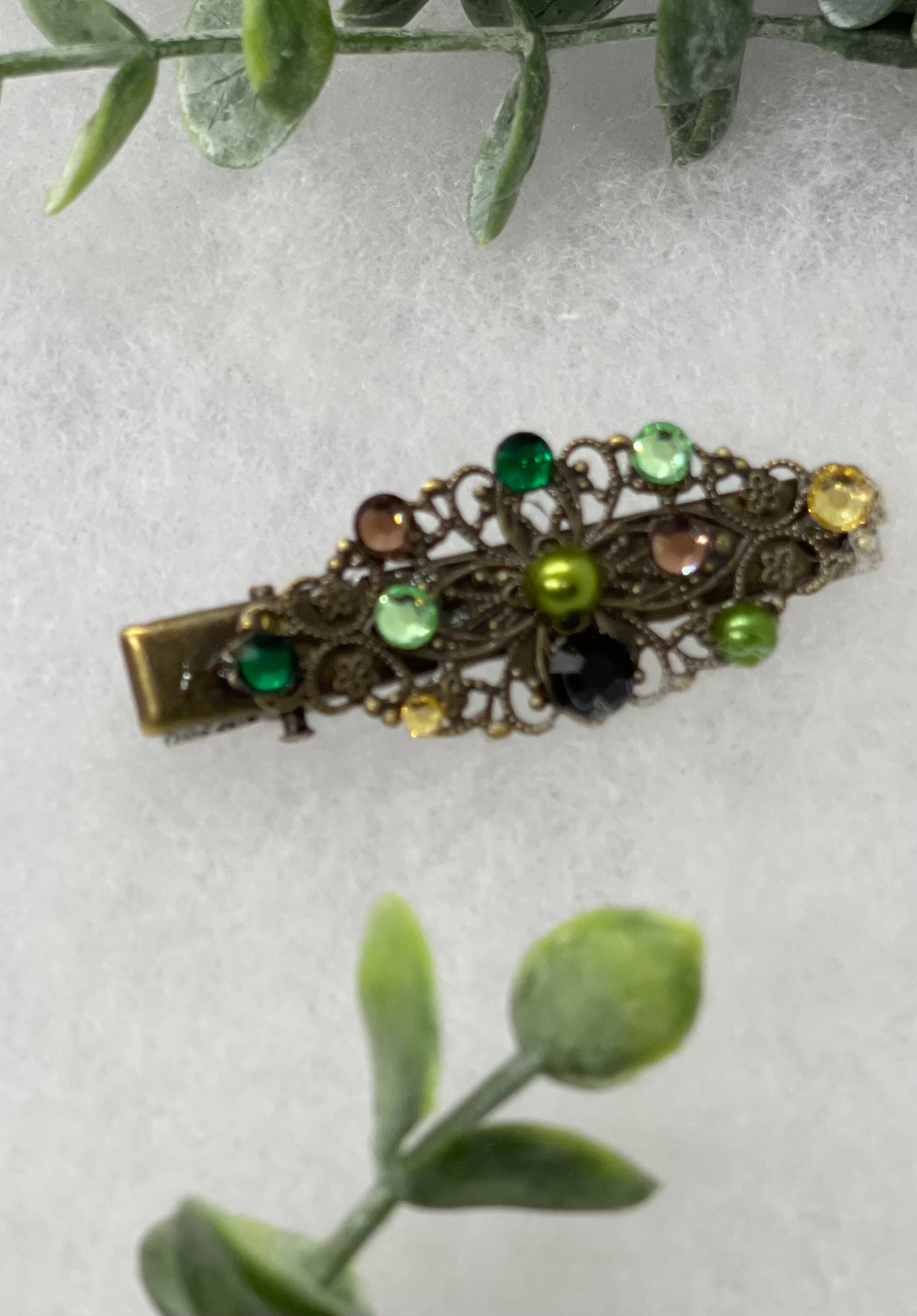 Camouflage Pearl Crystal vintage antique style leaf hair alligator clip approximately 2.5” long Handmade hair accessory bridal wedding #356