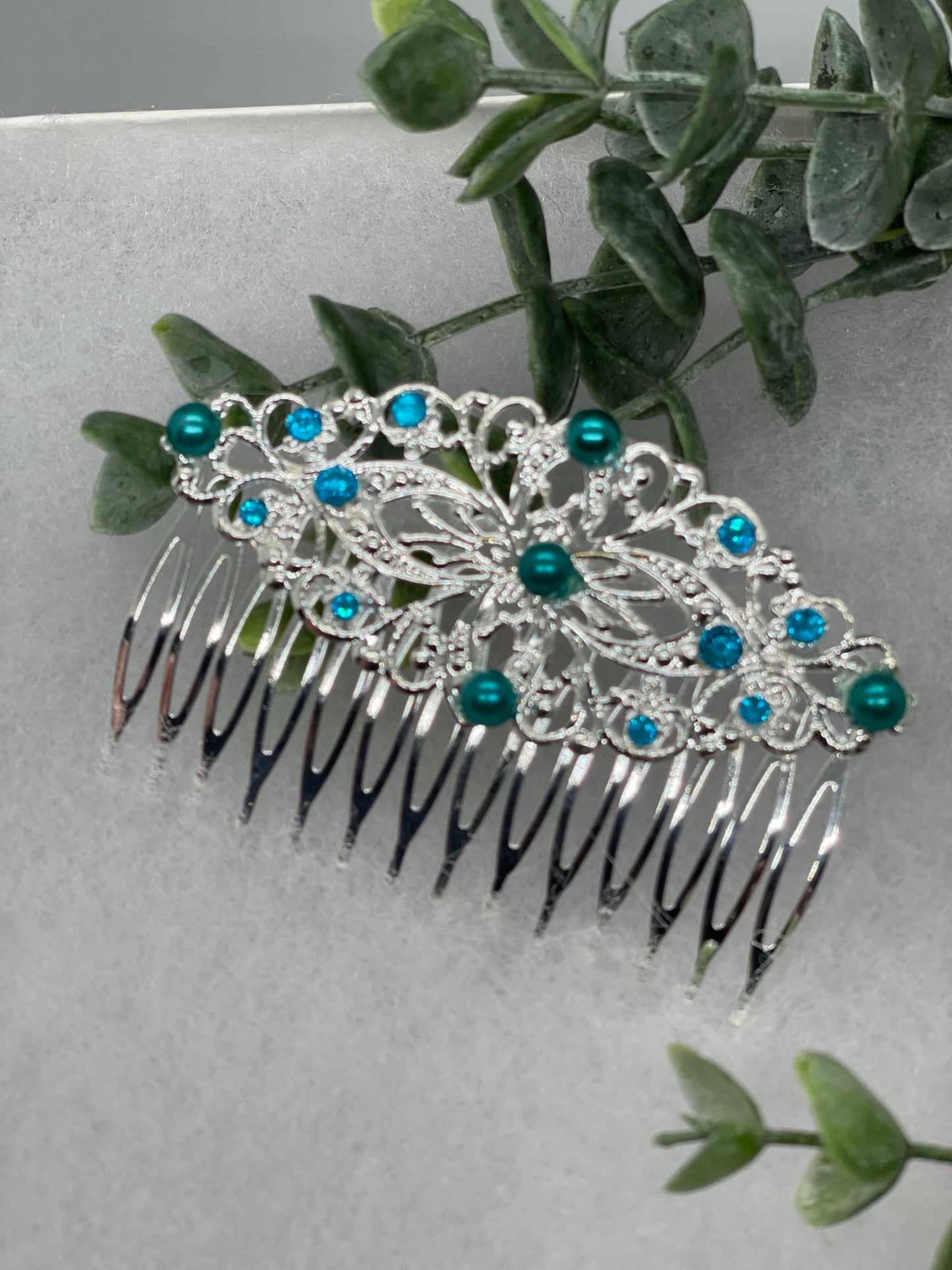 Green Teal crystal rhinestone pearls vintage style gold side comb hair accessory accessories gift birthday 3.5” Metal side Comb