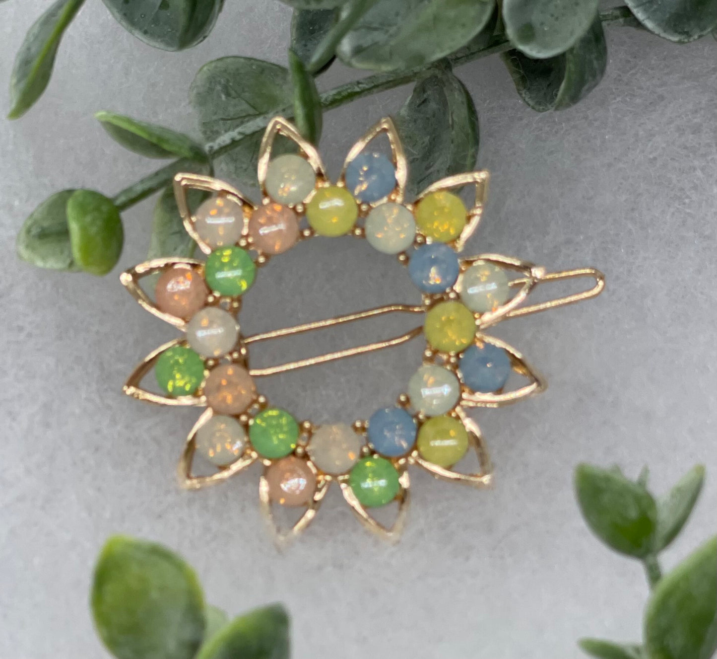Rainbow crystal rhinestone sunflower approximately 2.5” barrette Gold vintage style bridal Wedding shower