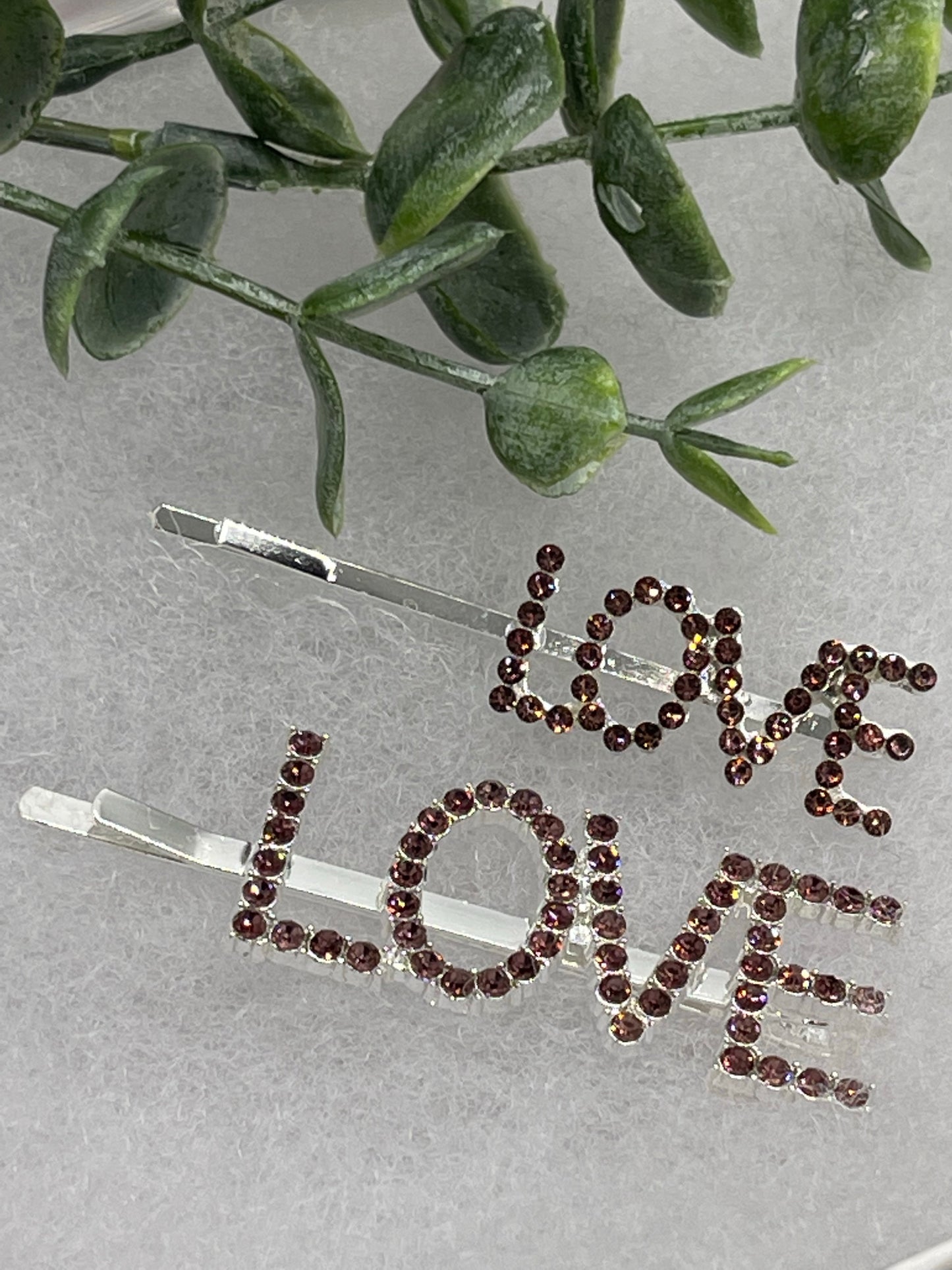 Brown Crystal Rhinestone 2 pc set hair pins LOVE letter’s