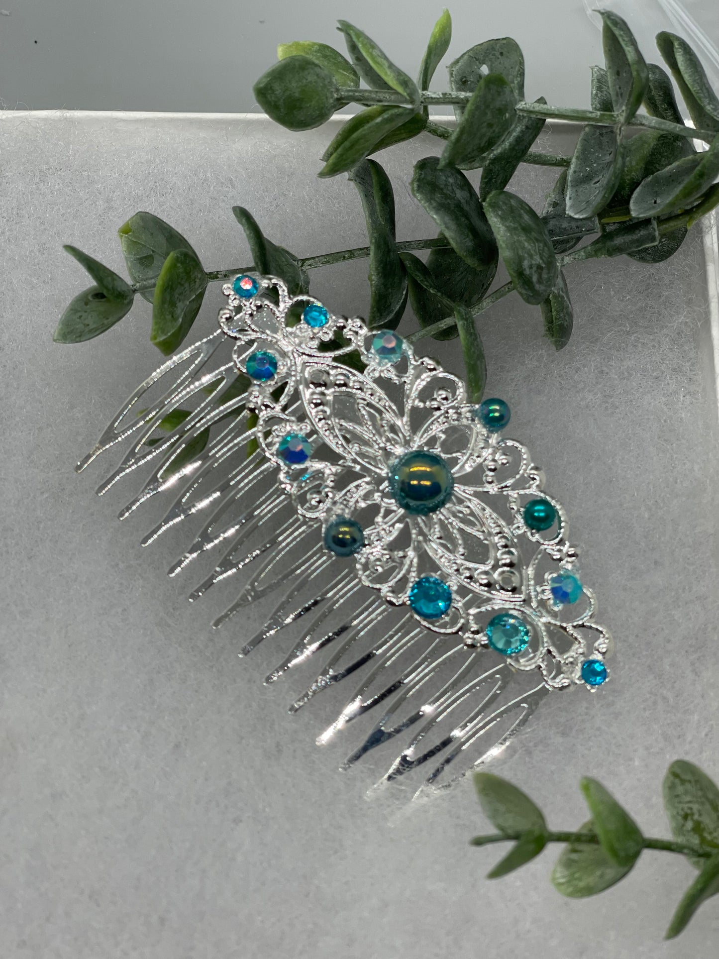 Teal iridescent crystal rhinestone pearl vintage style side comb hair accessories gift birthday 3.5” Metal side Comb