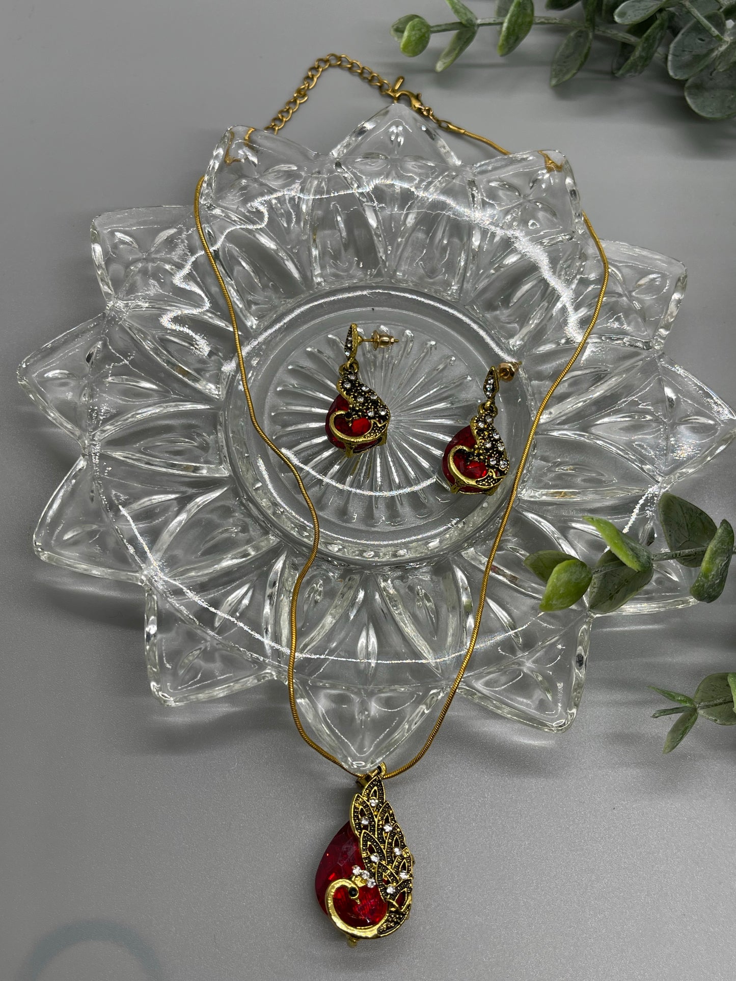 Ruby Red peacock crystal rhinestone necklace earrings set