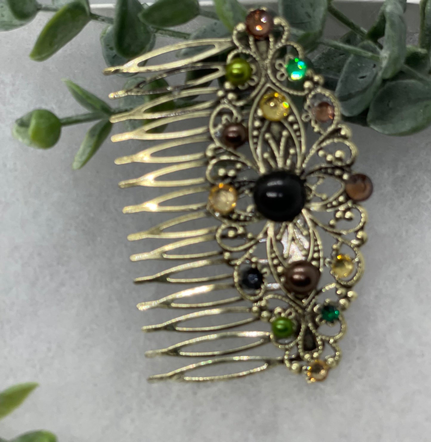 Camouflage crystal rhinestone pearl vintage style antique hair accessories gift birthday event formal bridesmaid 3.5” Metal side Comb #657