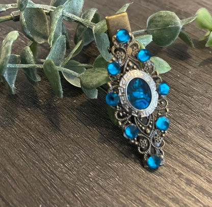 Teal oval crystal vintage antique style leaf hair alligator clip  on a 2.5”Handmade hair accessory bridal wedding Retro Bridal Party Prom