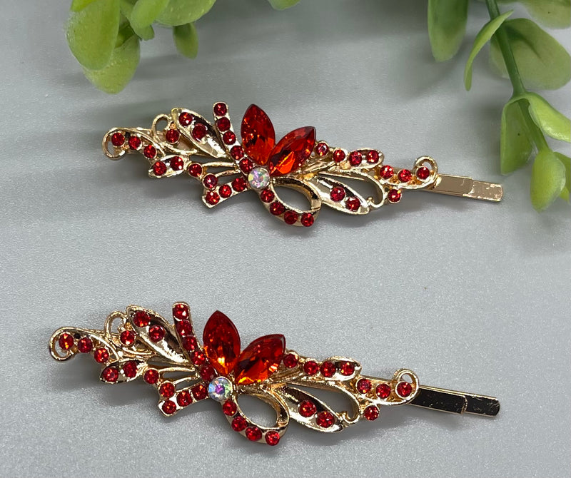 Red Crystal rhinestone hair pins 2 pc set bridal Wedding shower prom sweet 16 birthday hair accessories