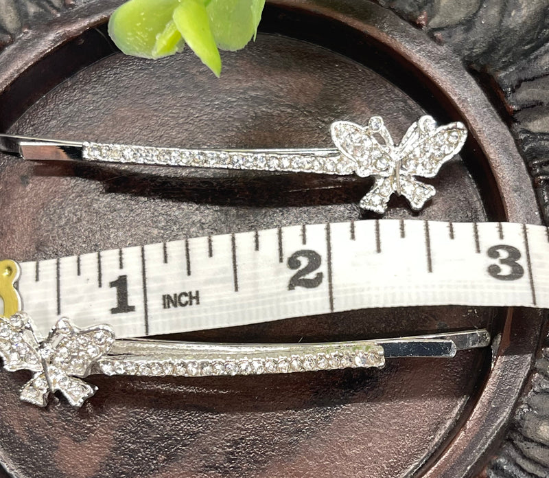 Clear Crystal rhinestone butterfly silver tone hair pins 2 pc set bridal Wedding shower prom sweet 16 birthday hair accessories