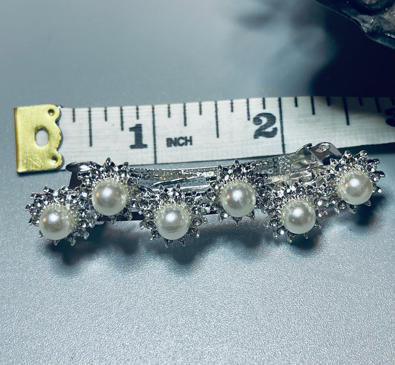 Pearl hair barrette 2.75’’ silver toned with white faux crystal rhinestones hair accessory