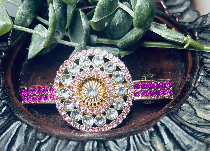 Round flower hair barrette 3.0” inch gold toned with light pink & pruple rhinestones hair accessory