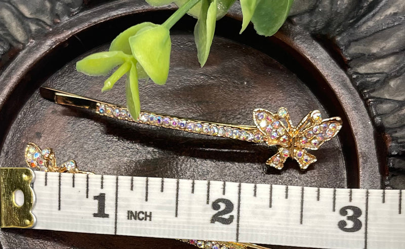 Iridescent Crystal rhinestone butterfly silver tone hair pins 2 pc set bridal Wedding shower prom sweet 16 birthday hair accessories