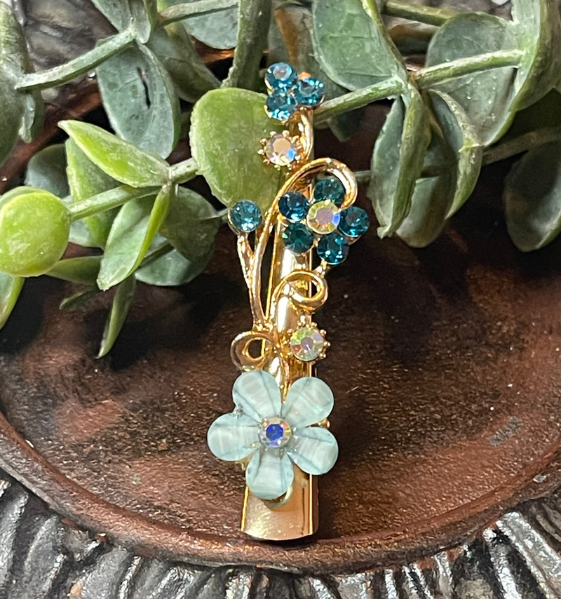 Flower alligator salon clip 2.5’’ gold toned with teal blue crystal rhinestones hair accessory