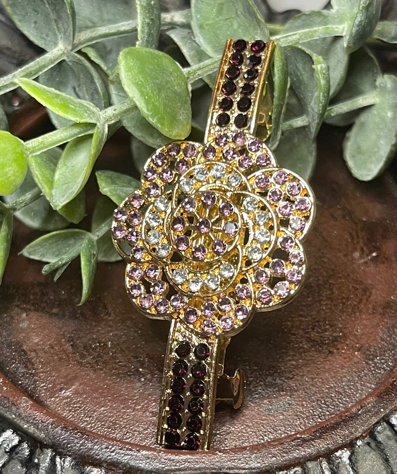 Flower hair barrette 3.0” inch gold toned with purple & pink rhinestones hair accessory