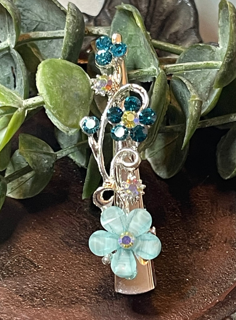 Flower alligator salon clip 2.5’’ gold toned with teal blue crystal rhinestones hair accessory