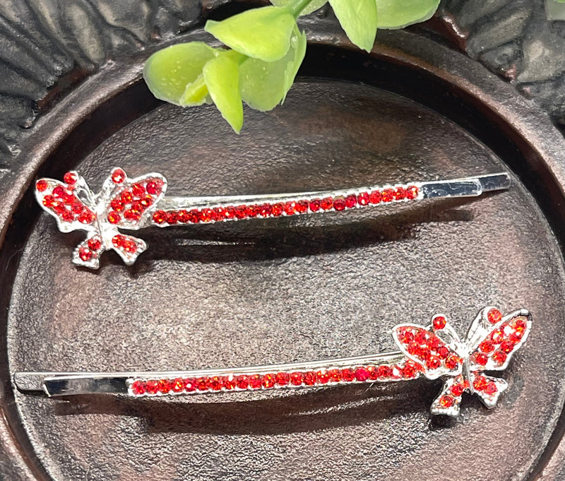 Ruby Red Crystal rhinestone butterfly silver tone hair pins 2 pc set bridal Wedding shower prom sweet 16 birthday hair accessories