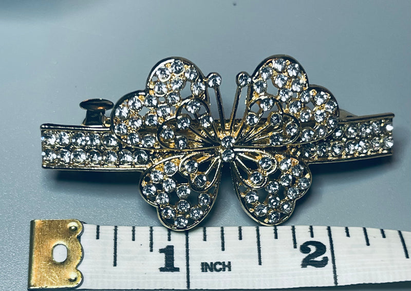 Butterfly hair barrette 3.0” inch gold toned with clear rhinestones hair accessory 