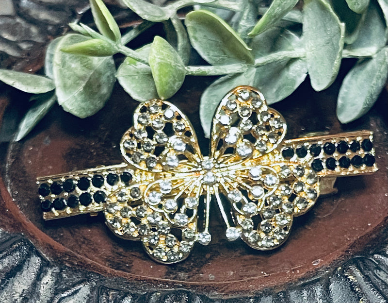 Butterfly hair barrette 3.0” inch gold toned with blackish & gray rhinestones hair accessory 