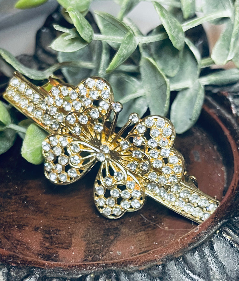 Butterfly hair barrette 3.0” inch gold toned with clear rhinestones hair accessory 