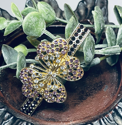 Butterfly hair barrette 3.0’’inch gold toned with pink & black rhinestones hair accessory