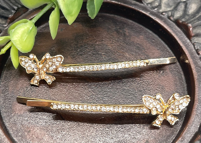 Clear Crystal rhinestone butterfly gold tone hair pins 2 pc set bridal Wedding shower prom sweet 16 birthday hair accessories