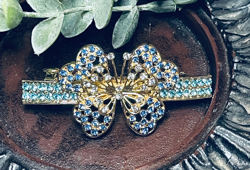 Butterfly hair barrette 3.0’’ inch gold toned with teal blue & white rhinestones hair accessory