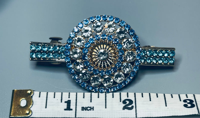 Round flower hair barrette 3.0” inch gold toned with blue & teal rhinestones hair accessory
