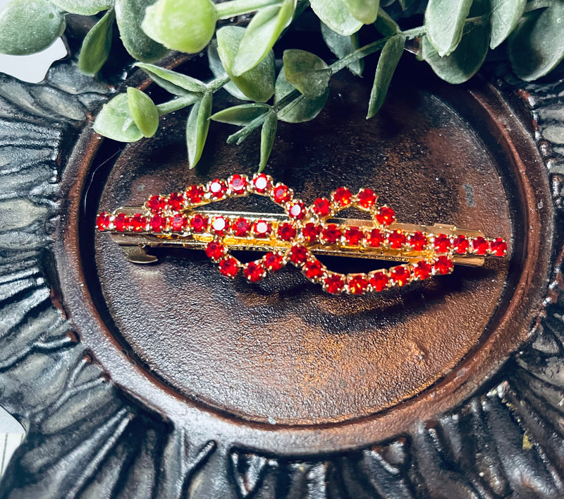 Ruby Red Crystal rhinestone barrette approximately 3.0” gold tone formal hair accessories gift wedding bridesmaid