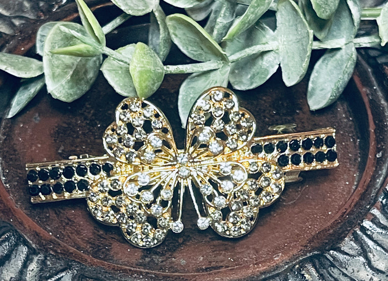 Butterfly hair barrette 3.0” inch gold toned with blackish & gray rhinestones hair accessory 