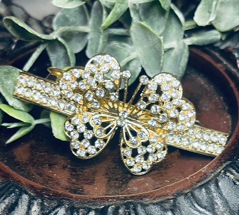 Butterfly hair barrette 3.0” inch gold toned with clear rhinestones hair accessory 