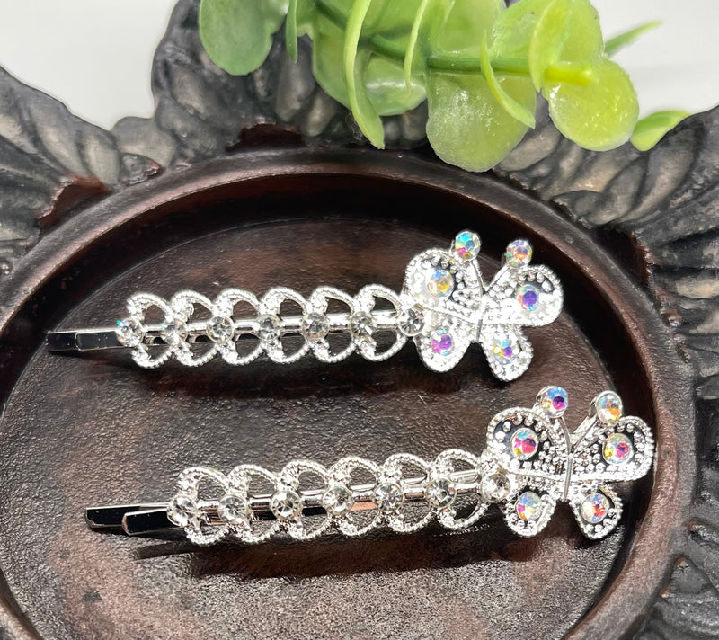 2 pc Butterfly iridescent Crystal rhinestone silver tone hair pins 2 pc set bridal Wedding shower prom sweet 16 birthday hair accessories