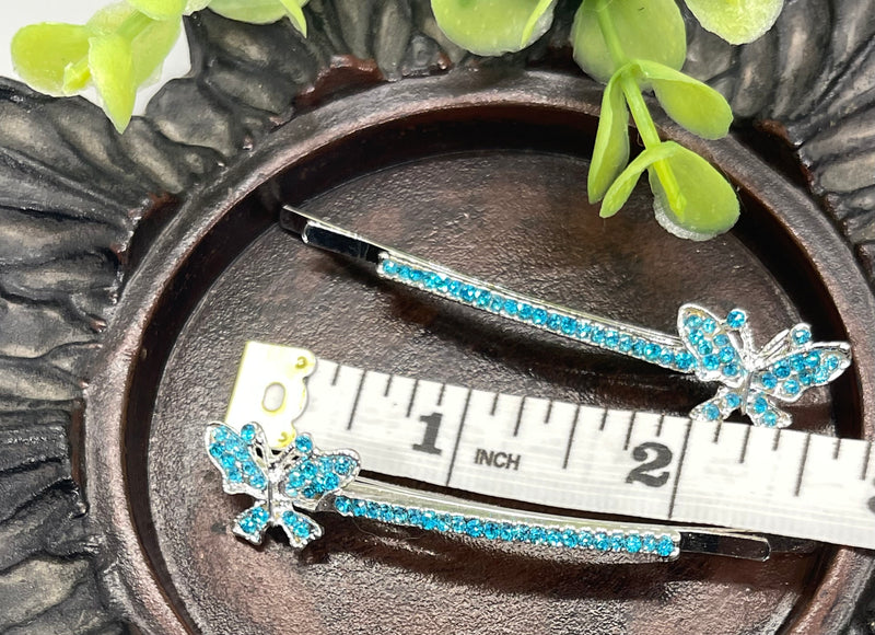 Teal blue Crystal rhinestone butterfly silver tone hair pins 2 pc set bridal Wedding shower prom sweet 16 birthday hair accessories