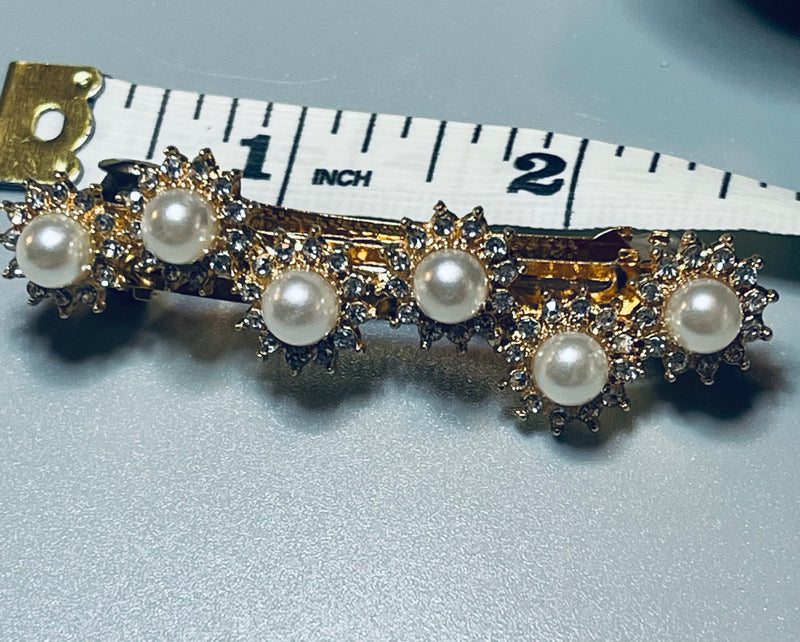 Pearl hair barrette 2.75’’ gold toned with white faux crystal rhinestones hair accessory