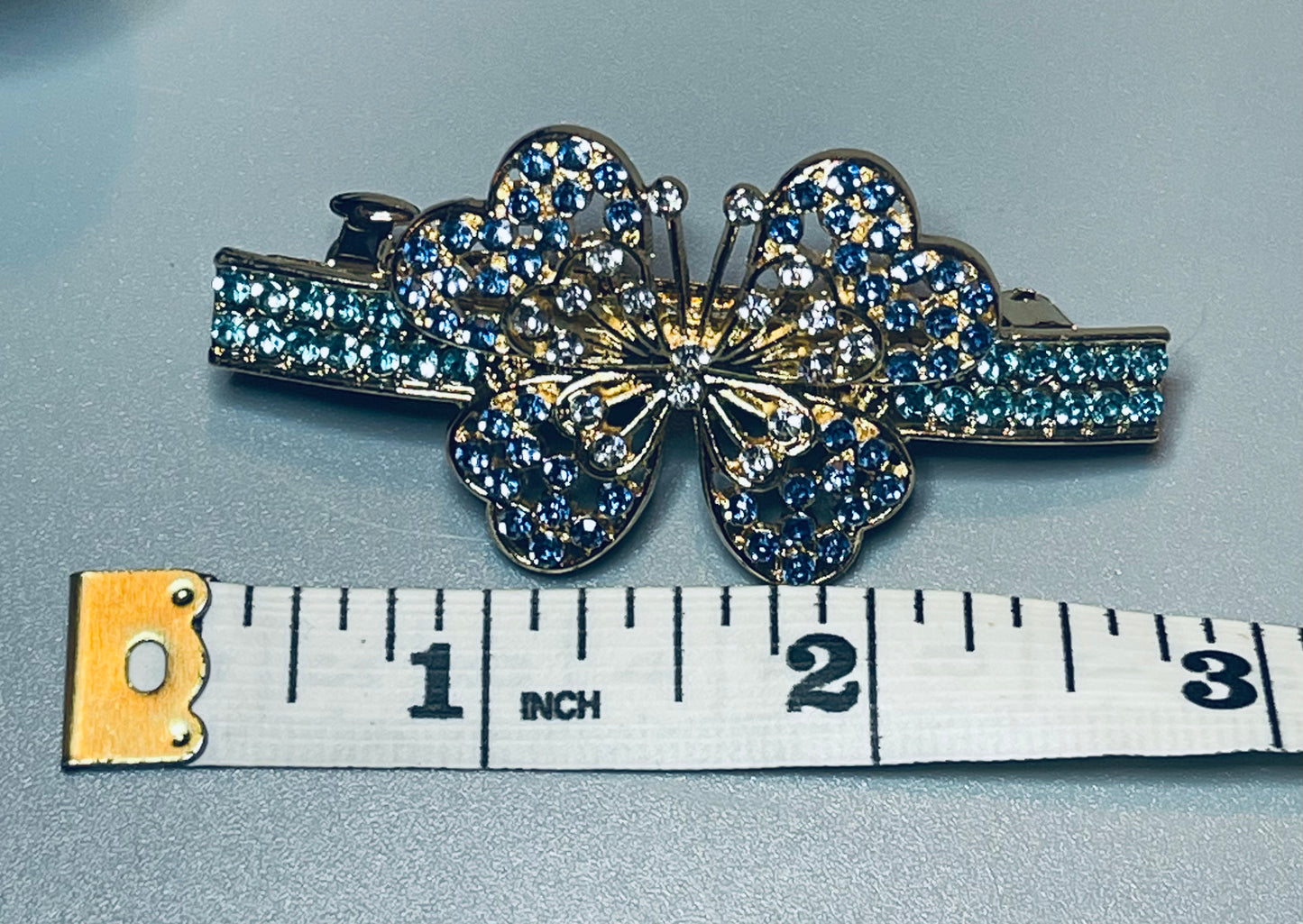 Butterfly hair barrette 3.0’’ inch gold toned with teal blue & white rhinestones hair accessory