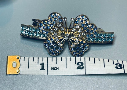 Butterfly hair barrette 3.0’’ inch gold toned with teal blue & white rhinestones hair accessory