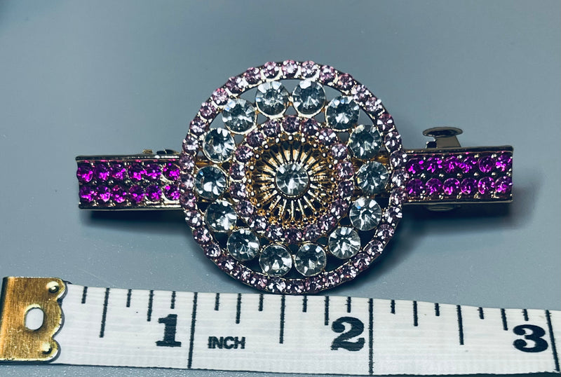 Round flower hair barrette 3.0” inch gold toned with light pink & pruple rhinestones hair accessory