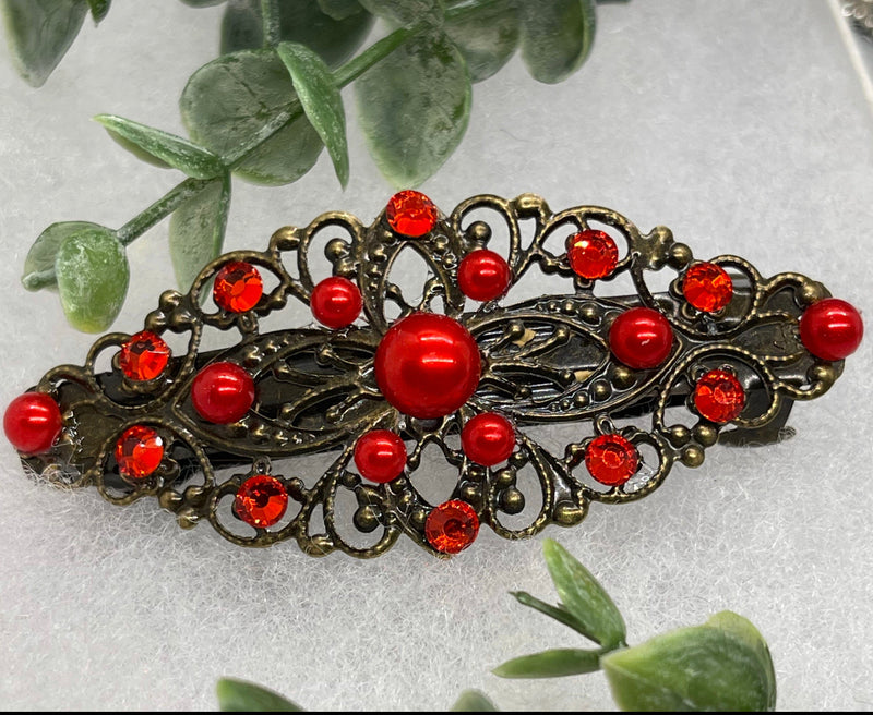 Ruby Red crystal faux pearl barrette Vintage Style 3.5”antique tone Metal bridal wedding shower birthday