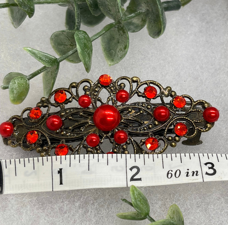 Ruby Red crystal faux pearl barrette Vintage Style 3.5”antique tone Metal bridal wedding shower birthday