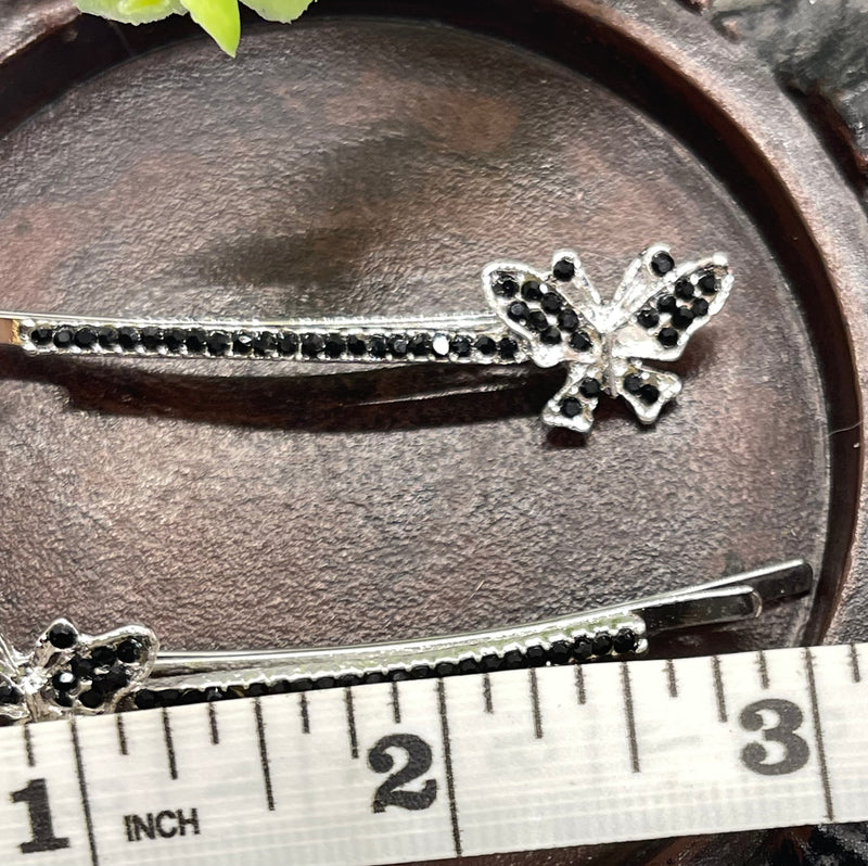 Black Crystal rhinestone butterfly silver tone hair pins 2 pc set bridal Wedding shower prom sweet 16 birthday hair accessories