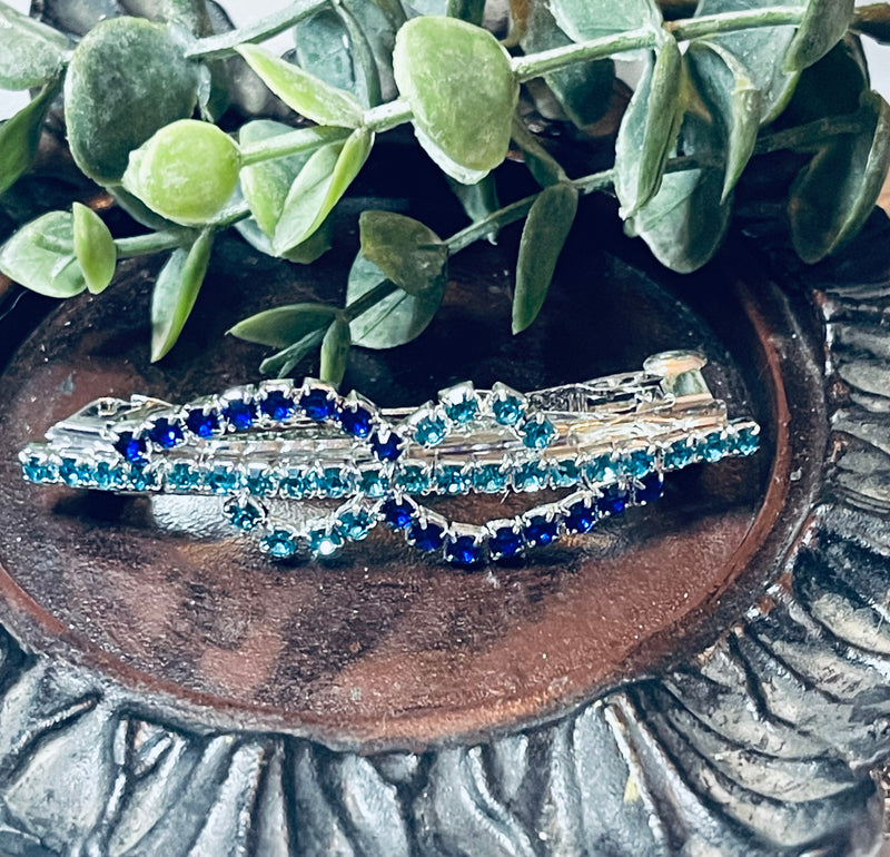 Hair barrette 2.75’’ silver toned with white dark blue & teal blue crystal rhinestones hair accessory