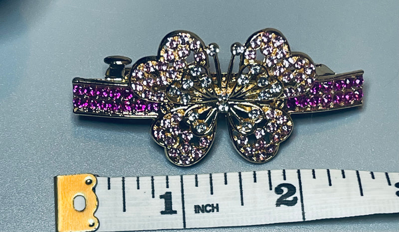  Butterfly hair barrette 3.0’’inch gold toned with hot pink & clear rhinestones hair accessory 