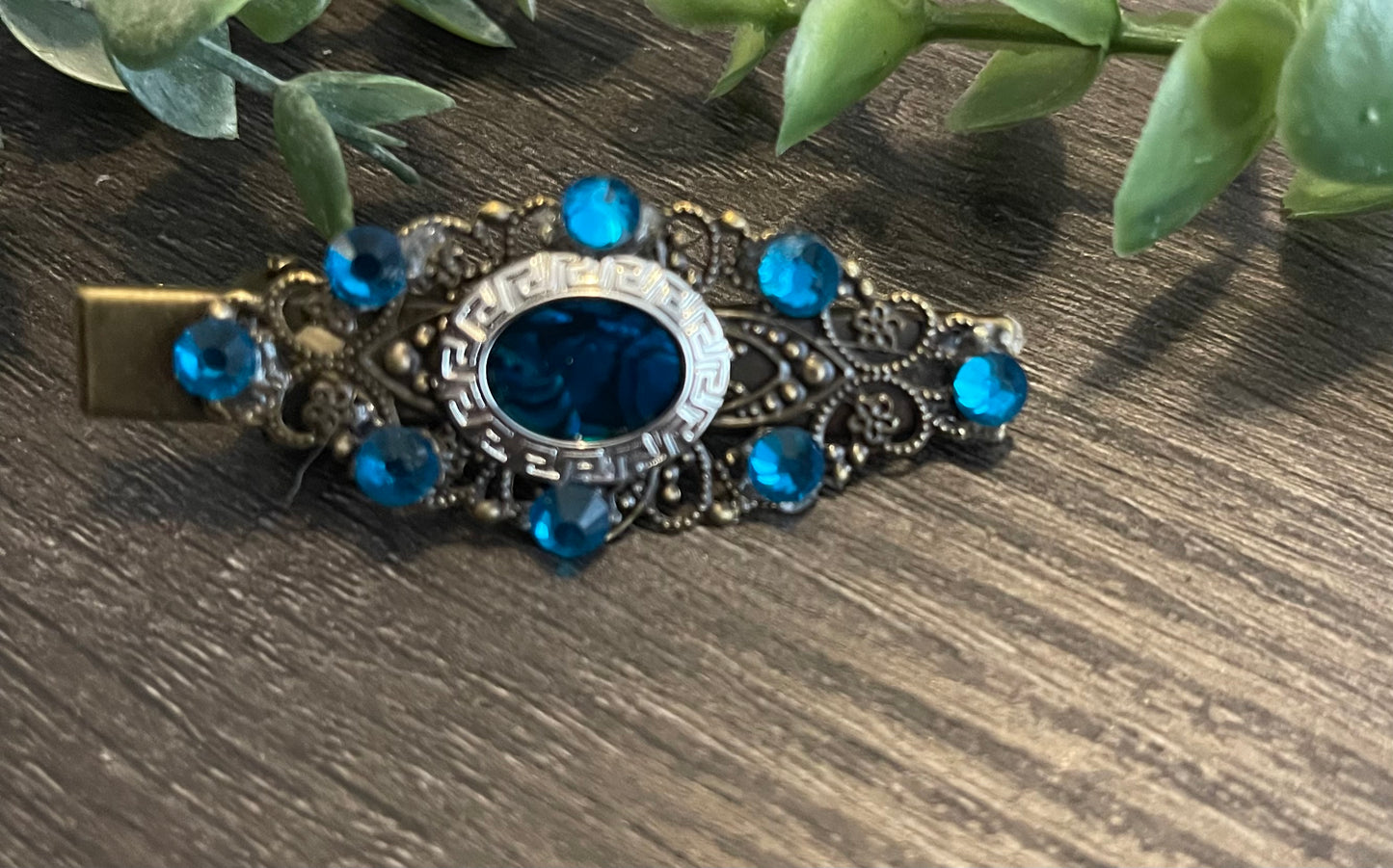 Teal oval crystal vintage antique style leaf hair alligator clip  on a 2.5”Handmade hair accessory bridal wedding Retro Bridal Party Prom