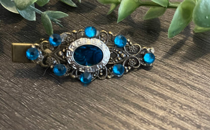 Teal oval crystal vintage antique style leaf hair alligator clip  on a 2.5”Handmade hair accessory bridal wedding Retro Bridal Party Prom