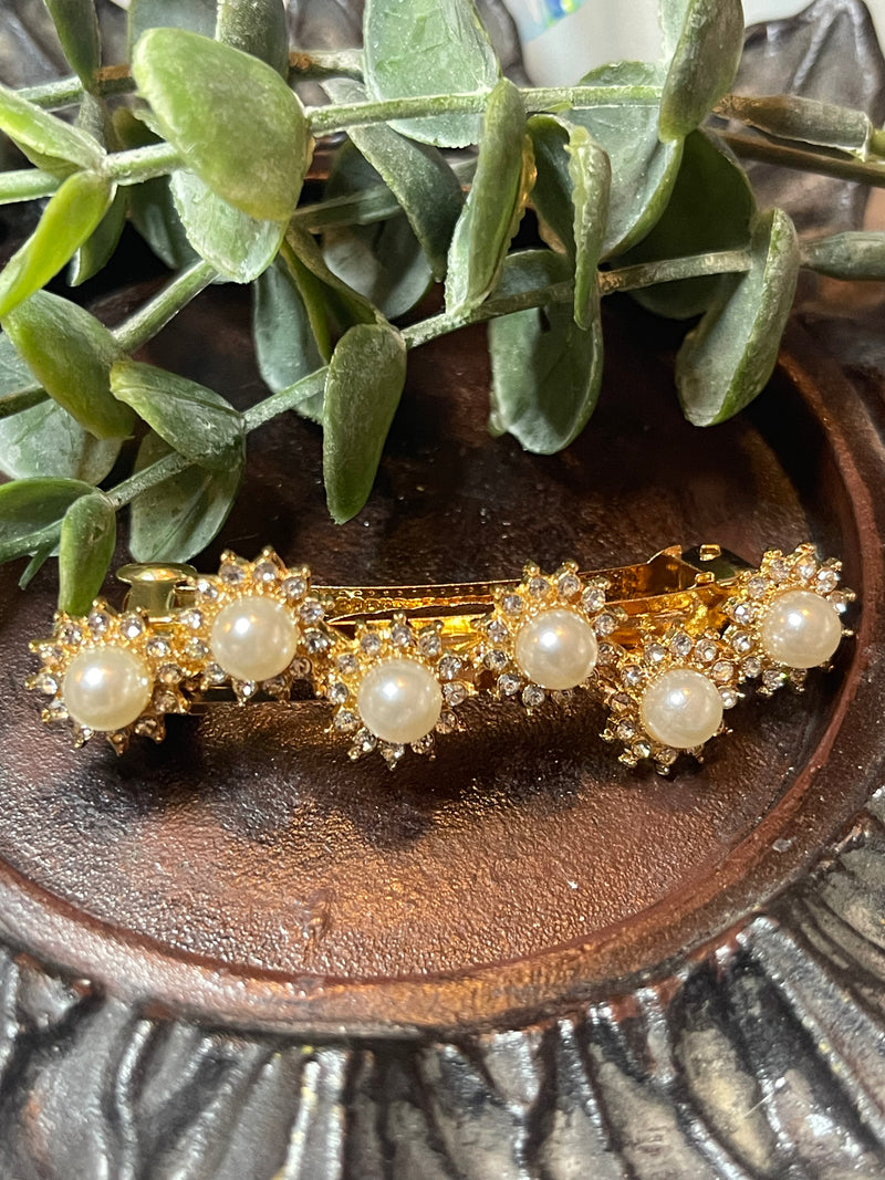 Pearl hair barrette 2.75’’ gold toned with white faux crystal rhinestones hair accessory