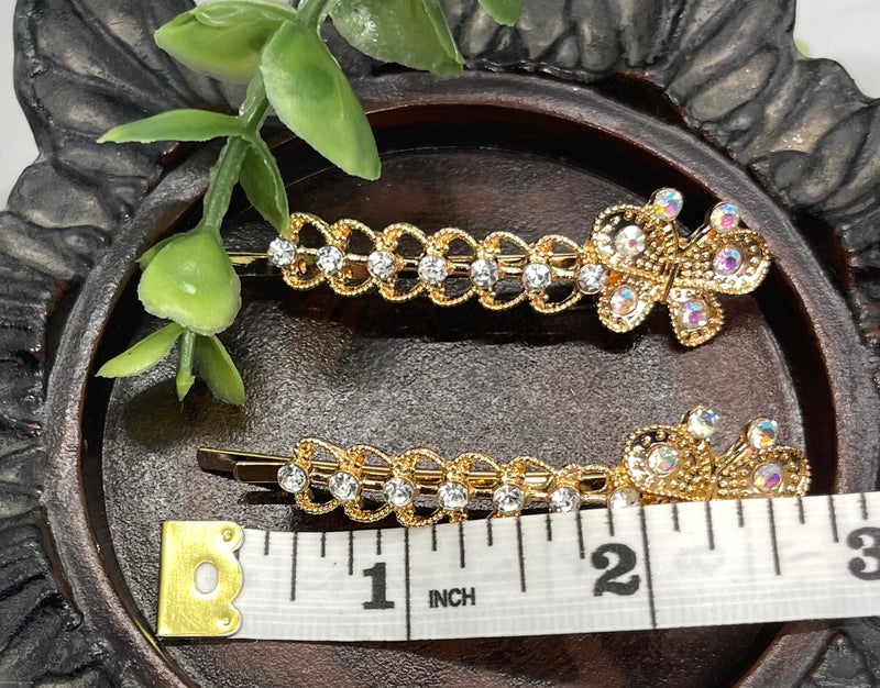 2 pc Butterfly iridescent Crystal rhinestone gold tone hair pins 2 pc set bridal Wedding shower prom sweet 16 birthday hair accessories